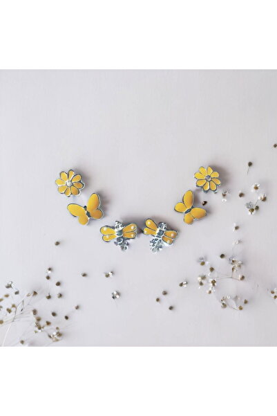 TREND Sarı Mineli 3lü Kız Çocuk 925 Ayar Küpeler - Yusufçuk, Kelebek Ve Çiçek