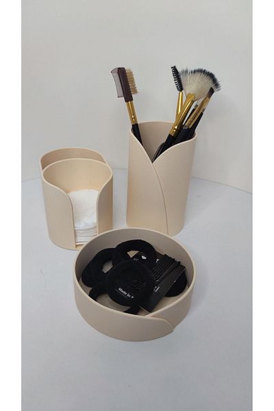 GİZZSTORE HOME منظم مكياج أبيض - مجموعة ثلاثية بلون أبيض عظمي
