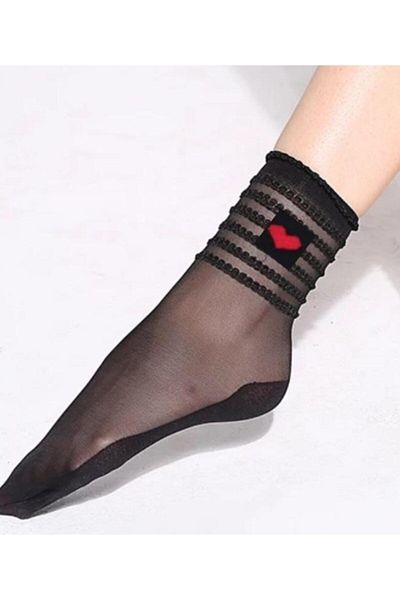 ASGÜL SOCKS Дамски комплект от 3 чорапи от тюл с черни сърца