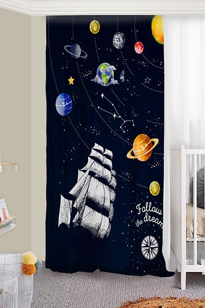 Bebişim Halı Space Themed Double Winged Children's Room - Planets Galaxy Background Curtain