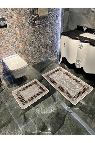 Brillant Bordürlü Desenli 2'li Kaymaz Taban Banyo Paspas Takımı (60X100 - 60X...