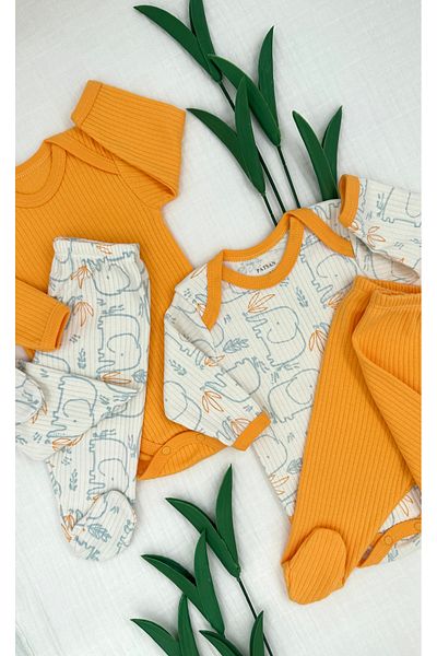 Renkli Puset mustard Elephant 4-piece Baby Set - Pajamas with 2 Snap Fasteners and 2 Booties