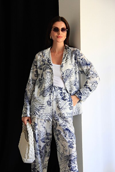 Julishop Summer Premium Cotton Set - Blue and White Patterned Shirt and Pants