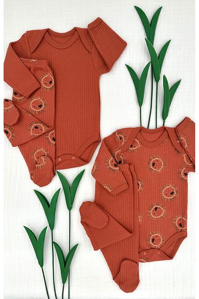 Renkli Puset Cinnamon Lion Patterned 4-piece Baby Set - Pajamas with 2 Bodies and 2 Booties