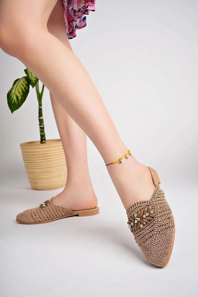 FEMME FATALE Mink Knitwear Stone Slippers - Gold Color