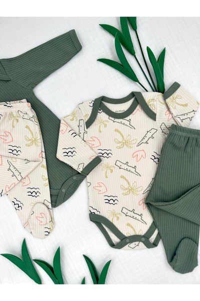 Renkli Puset 4 Parça Bebek Alt Üst Takımı (2 Çıtçıtlı Body + 2 Patikli Pijama) Yeşil Timsah