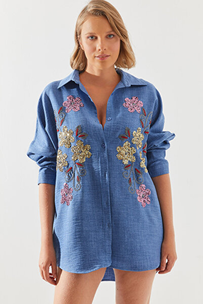 Bianco Lucci قميص نسائي كتان صوفيا - تطريز بالترتر، 60181010