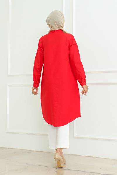 Eliva Red Long Hijab Tunic - Women's, Long Sleeve and Buttoned Collar