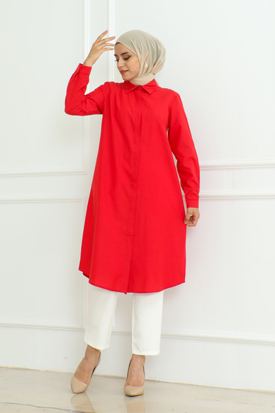 Eliva Red Long Hijab Tunic - Women's, Long Sleeve and Buttoned Collar
