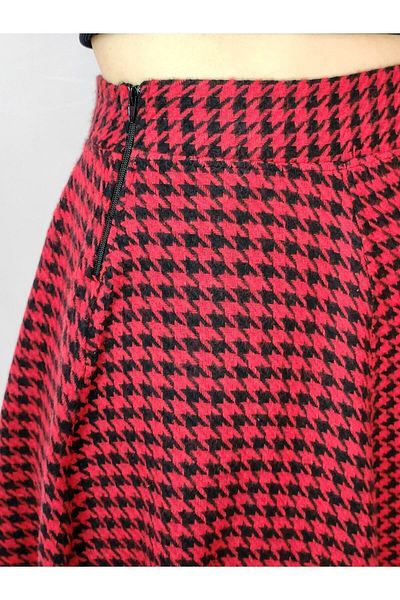 YAXİ Houndstooth Patterned Red Bell Skirt
