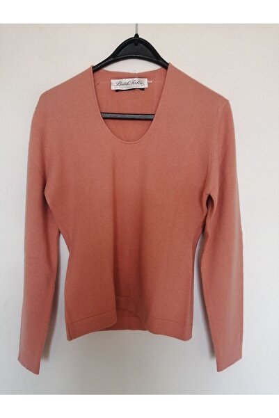 Butik Tülin Kadın Saf Kaşmir Somon Oyuk U Yakalı Uzun Kollu Yumuşak Kazak