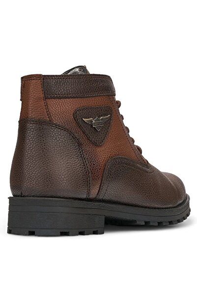 Nstil Ανδρικές καφέ μπότες 504 - Παπούτσια εξωτερικού χώρου με μοτίβο με κορδόνια, οδοντωτή σόλα και λεπτομέρεια πόρπης