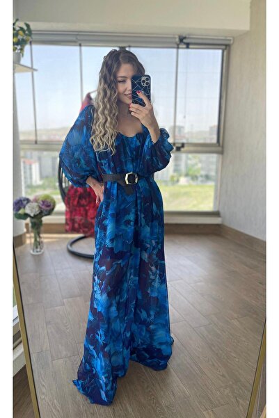 Chinozetti And Mom Mavi Çiçek Desenli Şifon Elbise