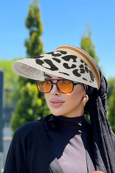 Remsa Mayo قبعة ريمسا من القش بنقشة الفهد - واقي من الشمس، حاجب RŞ-111، أبيض