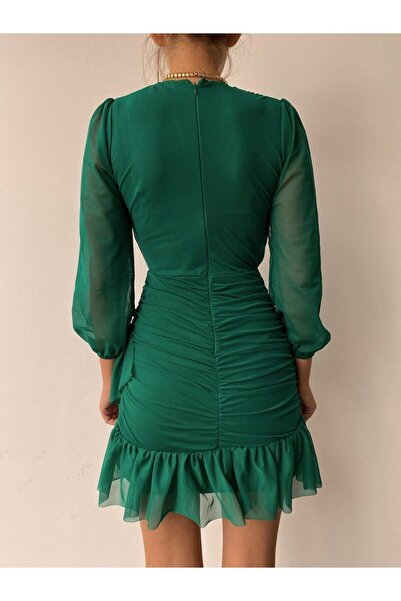 munora butik Draped Sleeves Tulle Green Dress