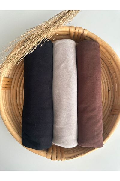 Merve Nayir 3-Piece Combed Cotton Shawl Set - Jersey, Shawl, Lycra Hijab (Black, Beige, Brown)