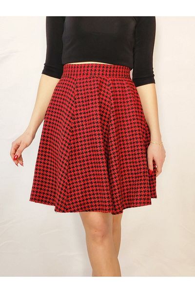 YAXİ Houndstooth Patterned Red Bell Skirt