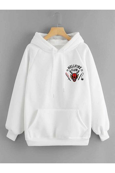 DEEPSENCE Hellfire Culup Printed White Oversize Hooded Sweatshirt