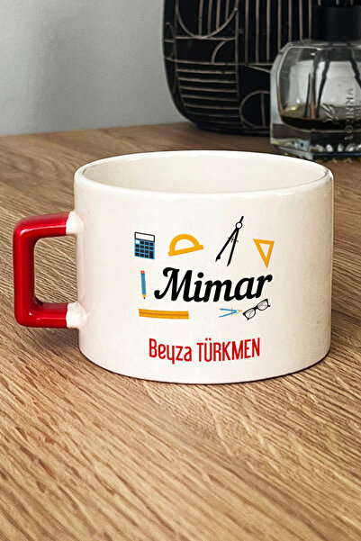 Hedizu Kişiye Özel Mimar Kupa Bardak T Kulplu Kırmızı Mimarlar Günü Hediyesi