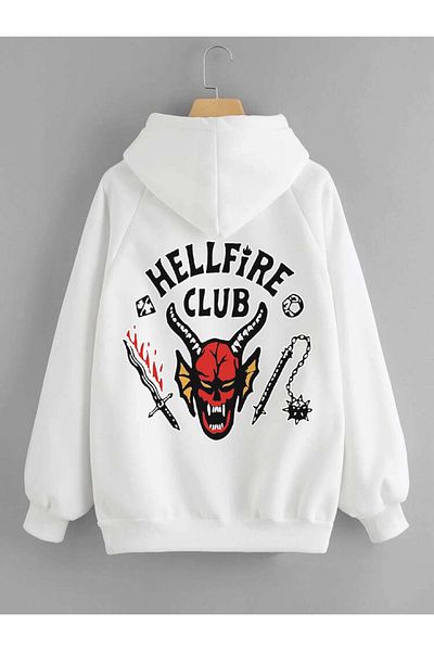 DEEPSENCE Hellfire Culup Printed White Oversize Hooded Sweatshirt