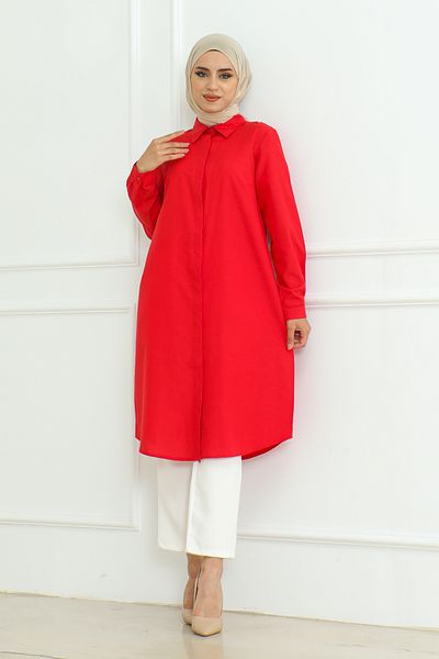 Eliva Red Long Hijab Tunic - Women's, Long Sleeve and Buttoned Collar