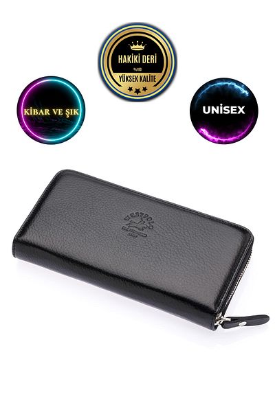 CüzCan Unisex Μαύρο Γνήσιο Δέρμα West Polo Wallet Hand Portfolio - Με φερμουάρ