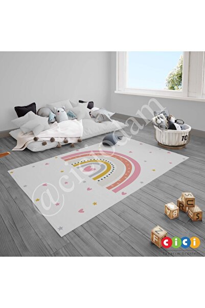 CİCİ ODAM Çocuk Bebek Odası Halısı Serpme Yıldızlı Kalpli Gökkuşağı