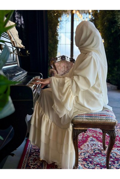 busrasdesign Swan Collection Kadın Tesettür Boydan Kırık Beyaz Abaya Ferace