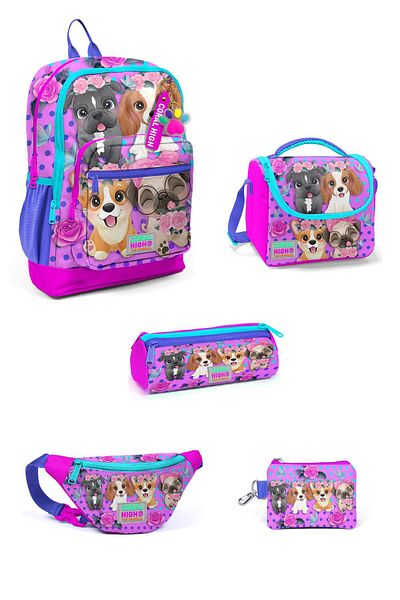 Coral High Set de 5 geanți de școală cu model de câine drăguț galben și roz - 5SET23752
