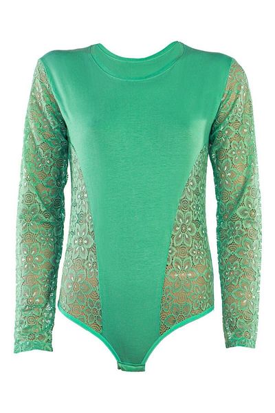 Nicoletta Women's Lace Long Sleeve Snap-On Bodysuit Cotton Lycra Green