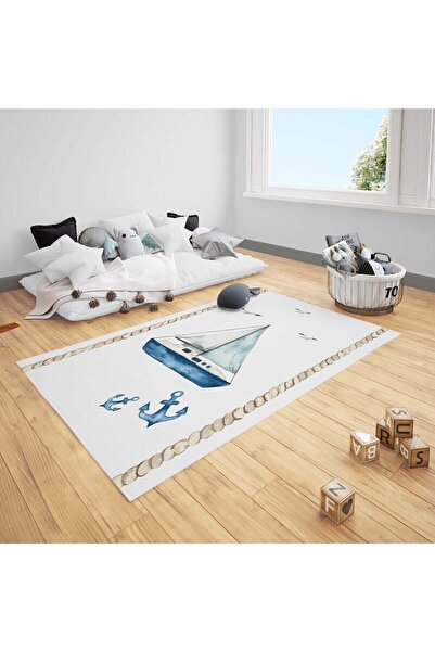 CİCİ ODAM Çocuk Bebek Odası Halısı Denizci Temalı Çapalı ve Yelkenli