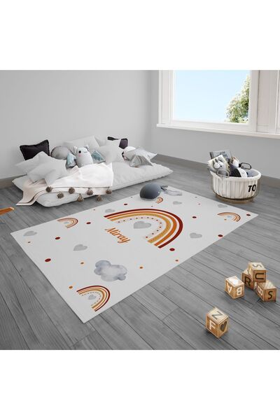 CİCİ ODAM Çocuk Bebek Odası Halısı Bulutlu Puantiyeli Kalpli Gökkuşağı
