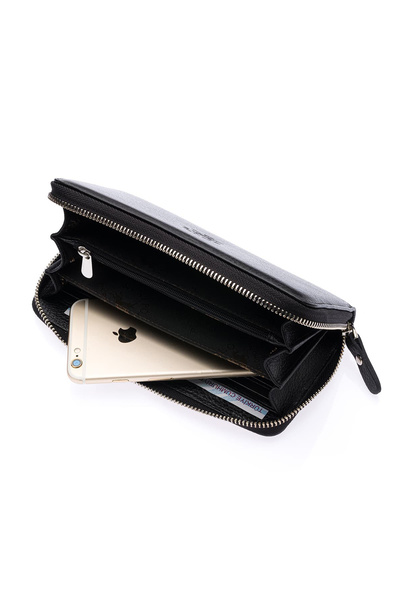 CüzCan Unisex Μαύρο Γνήσιο Δέρμα West Polo Wallet Hand Portfolio - Με φερμουάρ