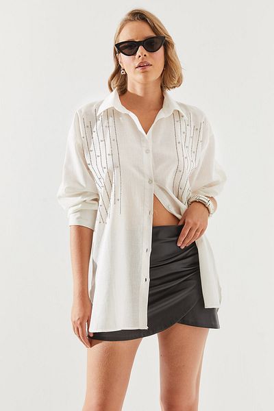 Bianco Lucci Cămașă de damă din in, cu mărgele brodate cu piatră - 60251759