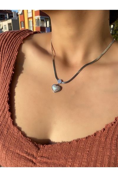 staınless steel Zeyna Accessories Pearl Heart Figured Italian Flat Chain Silver Antiallergic Stainless Steel Necklace