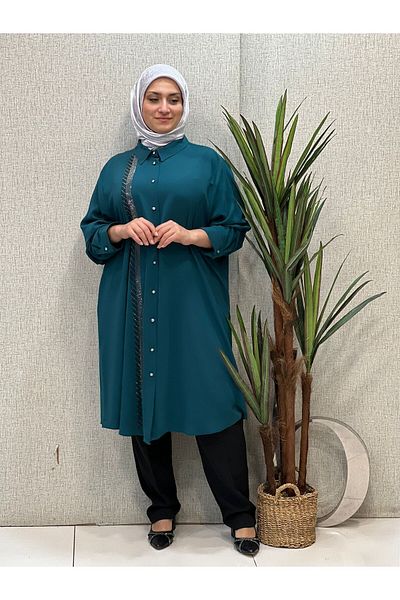 Butik büyük beden Gluing Tunic with Stone Detail for the Right Side