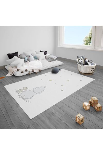 CİCİ ODAM Çocuk Bebek Odası Halısı Arkası Dönük Fil ve Tavşan Yıldızlı