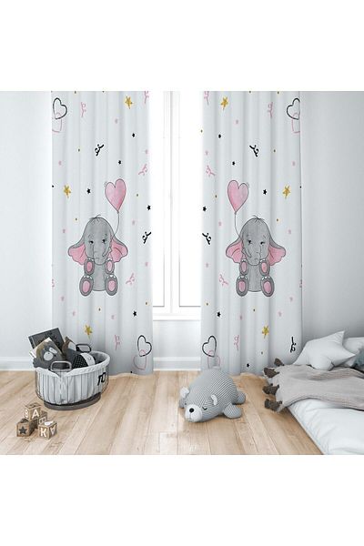 CİCİ ODAM 1 Wing Children's Room Curtain Background Curtain Heart Elephant and Stars