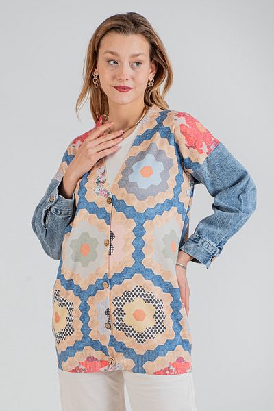 Hatun Atila Cardigan lung tricotat cu model HatunAtila cu mâneci din denim - 1180-21
