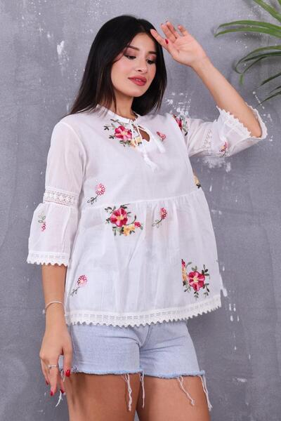 ZEYWEAR Linen Blouse with Embroidery Detail