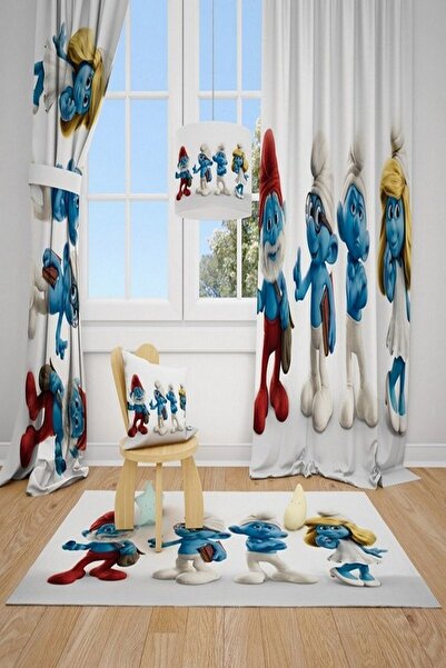 CİCİ ODAM 2 Kanat Cici Halı Şirinler Çocuk Bebek Odası Fon Perde