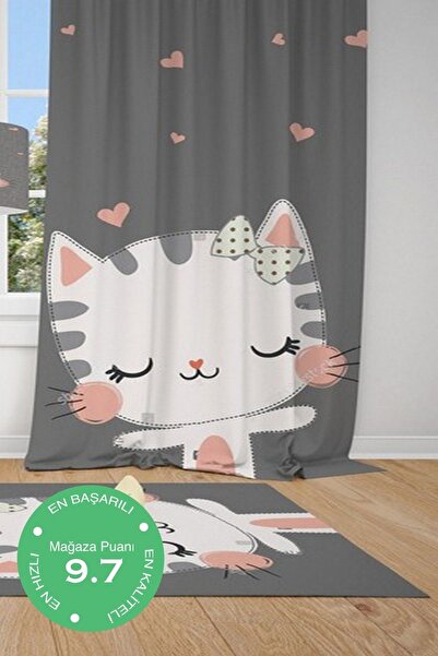 CİCİ ODAM 1 Kanat Sevimli Kedi,kapler Çocuk Bebek Odası Perdesi Fon Perde