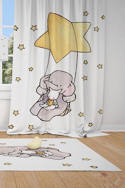 CİCİ ODAM Elephant and Rabbit Swinging on 1 Wing Star Children's Baby Room Curtain Background Curtain