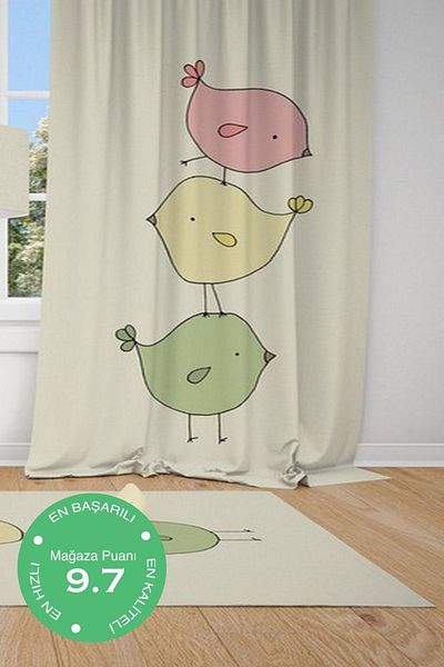 CİCİ ODAM 1 Wing Colorful Birds Children's Baby Room Curtain Background Curtain