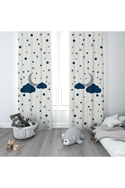 CİCİ ODAM 1 Kanat Çocuk Odası Perdesi Fon Perde Ay Bulut Yıldız ve Puantiye