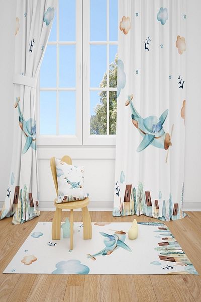 CİCİ ODAM 2 Wings Bird Cloud Airplane Children's Room Curtain Background Curtain