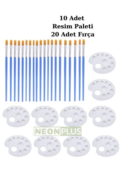 NEON PLUS 20 Adet Resim Fırçası, 10 Adet Resim Paleti, Anaokulu Seti,Boyama Seti,