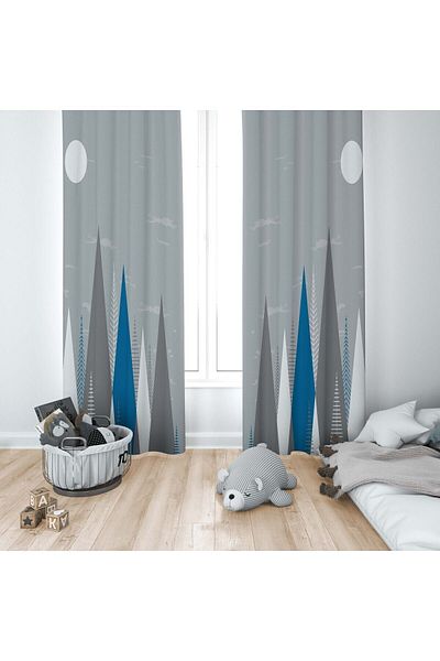 CİCİ ODAM 1 Wing Children's Room Curtain Background Curtain Nordic Mountains and Moon