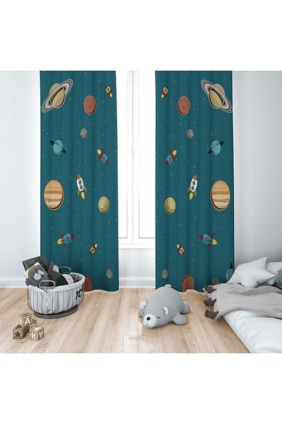 CİCİ ODAM 1 Wing Children's Room Curtain Background Curtain Starry Space Rocket Planets