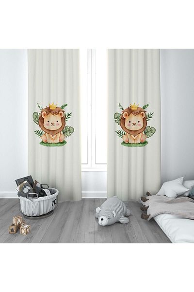 CİCİ ODAM 1 Wing Children's Room Curtain Background Curtain Cute Lion Leaves